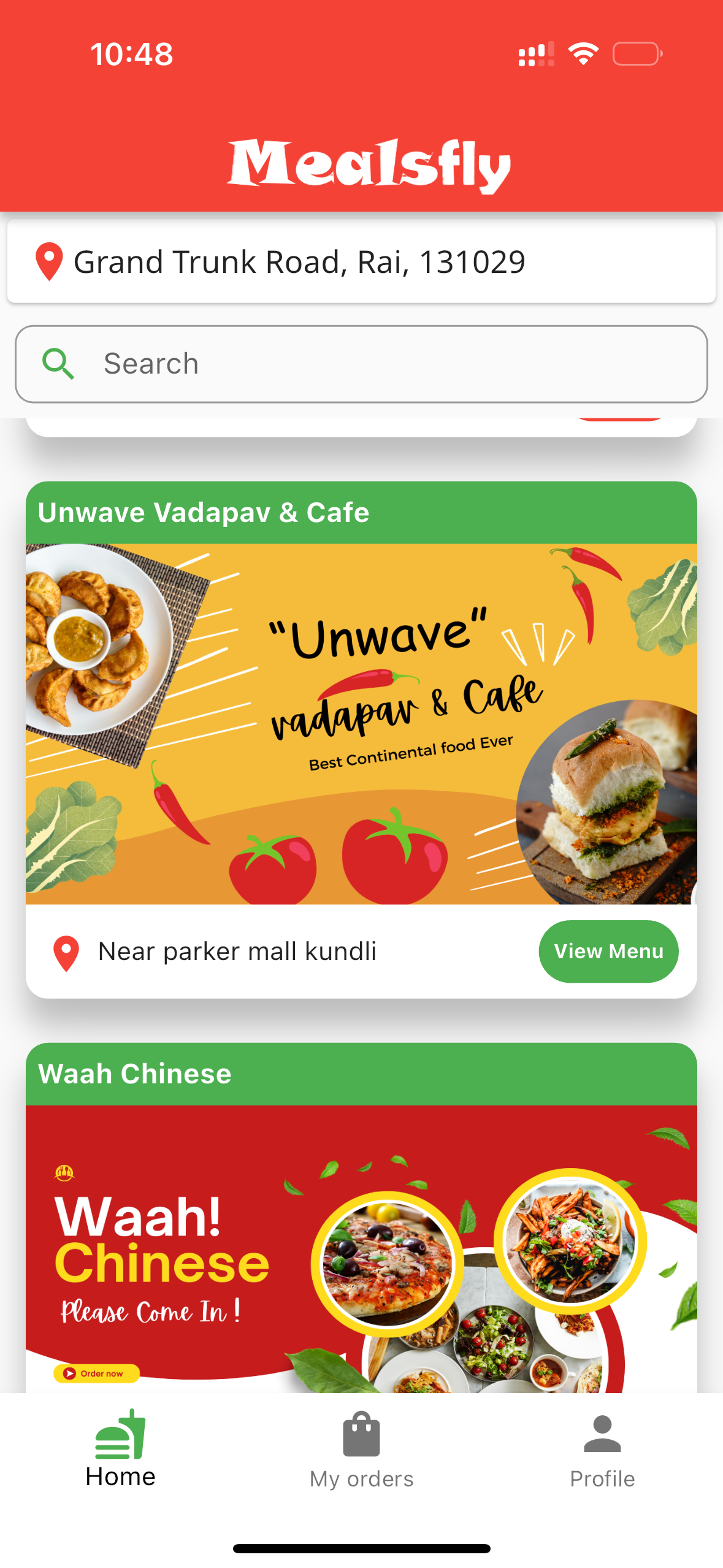 Mealsfly App Home Screen